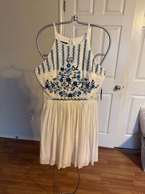 White Mini Dress with Blue Floral Embroidery